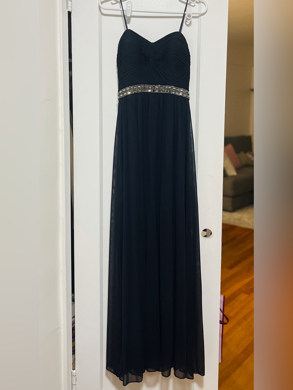 Dark Navy Beaded Empire Waist Strapless Evening Dress